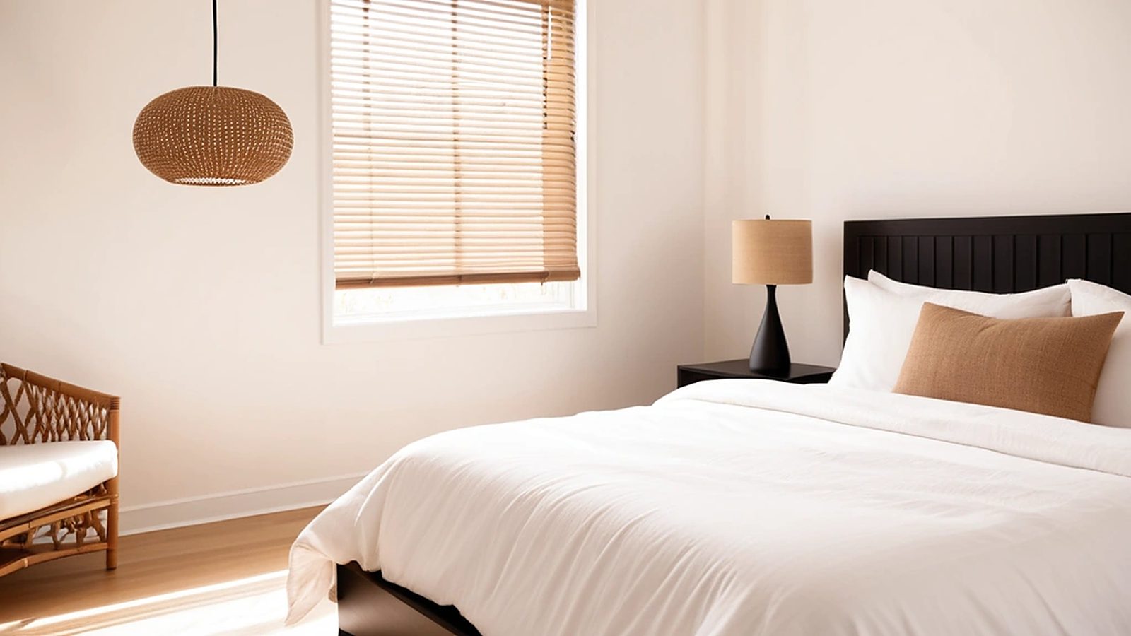 A bed made with crisp white bedding, a tan lumbar pillow and a black slatted headboard in a bright bedroom